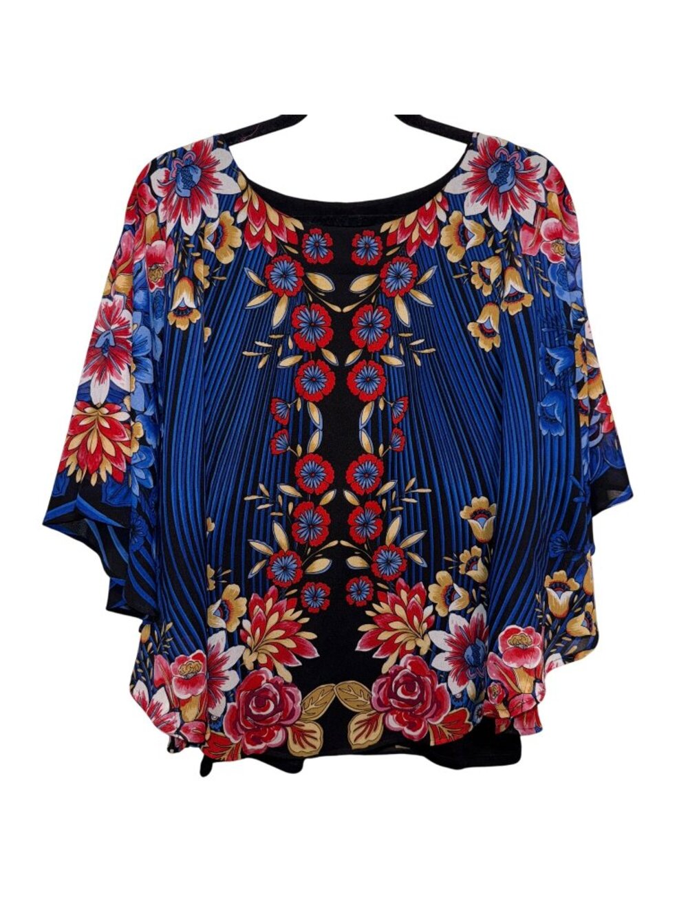 Ruby Rd. Womens Floral Print Black/Blue Flutter Sleeve Top Large